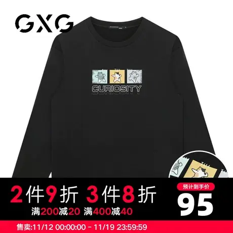 【新品】GXG男装【卡通小猫】23秋季时尚字母印花纯棉圆领长袖T恤图片