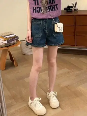 2023新款欧货女装时尚热裤双口袋A字阔腿百搭显瘦大码牛仔短裤女商品大图