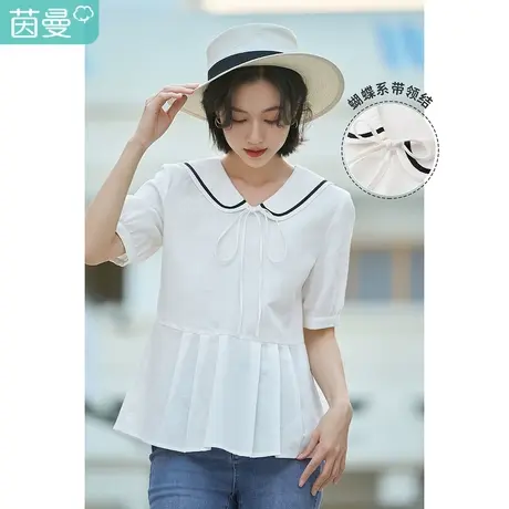 茵曼娃娃海军翻领衬衫女士2023夏季新款宽松泡泡袖亚麻棉短袖衬衣商品大图