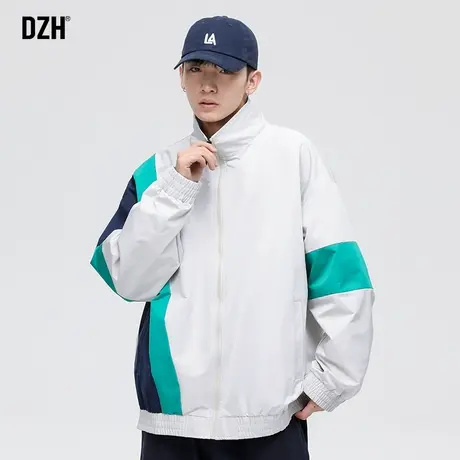 男生拼接立领外套男秋季潮牌白色夹克上衣宽松男装2023新款运动服商品大图