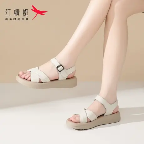 红蜻蜓女士时装厚底平底凉鞋女款妈妈新款夏季外穿夏天真皮软牛皮图片