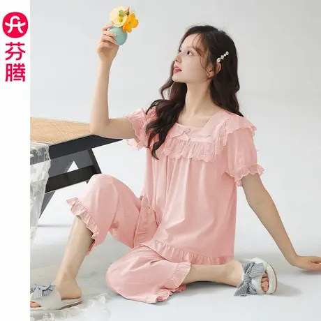 芬腾女士纯棉睡衣夏季新款短袖套装薄款透气女款休闲可外穿家居服商品大图