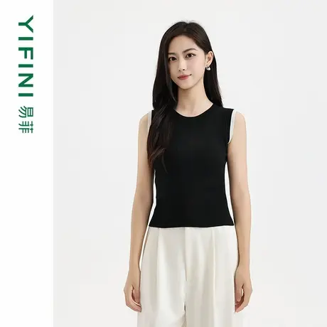 Yifini/易菲时尚经典黑白撞色修身短款毛织背心打底衫上衣25夏新商品大图