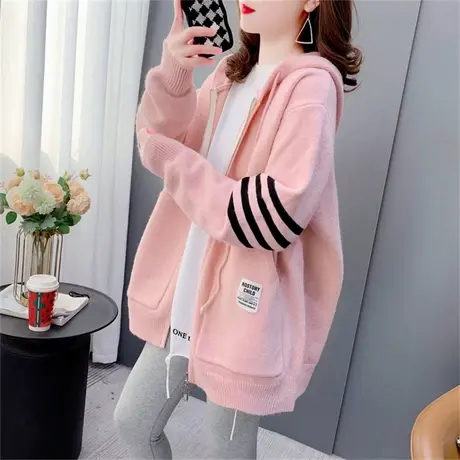 学院风连帽针织开衫女2022新款春季宽松百搭洋气盐系毛衣外套上衣商品大图