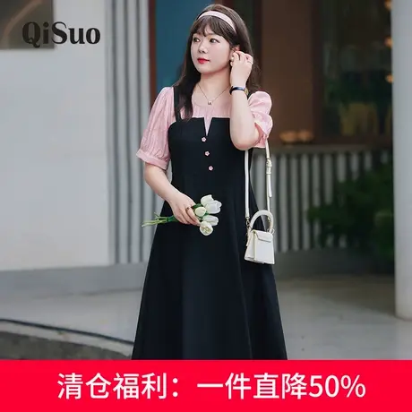 2024年夏装款拼接假两件气质长裙法式复古显瘦大码胖mm短袖连衣裙图片