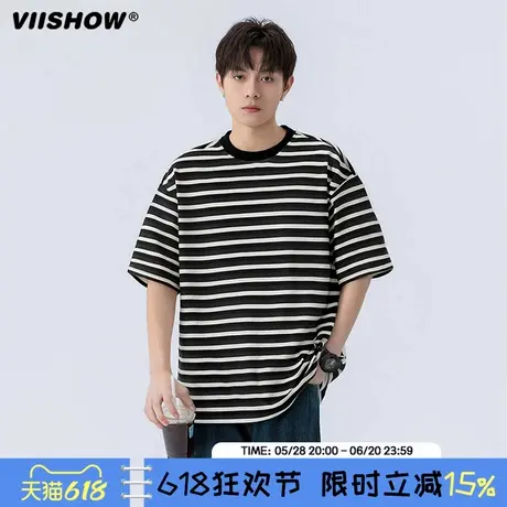 VIISHOW夏季新款圆领t恤韩版男生条纹宽松短袖潮流凉感舒适半袖男商品大图