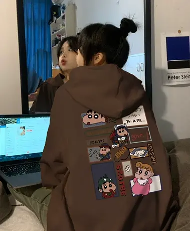 oversize卡通印花连帽卫衣女春秋薄款宽松慵懒风上衣秋冬加绒外套图片