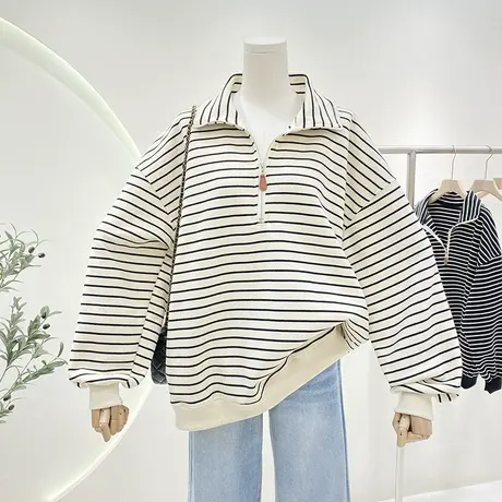 半拉链翻领卫衣女春款2023女装复古百搭宽松大码慵懒风上衣外套商品大图