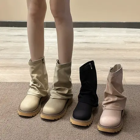 英伦风马丁靴女2023新款夏季小众炸街裤管堆堆靴子复古厚底小短靴图片