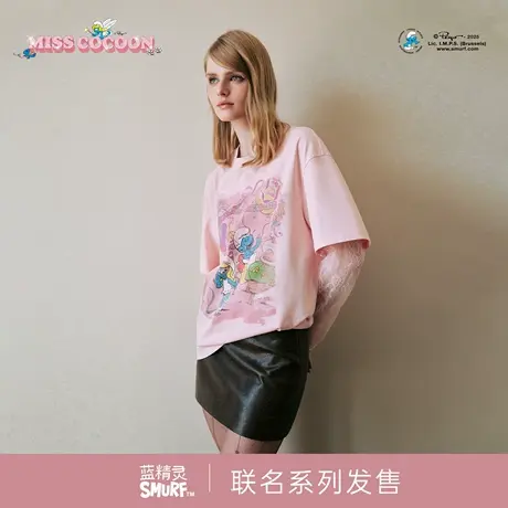 MISSCOCOON可可尼蓝精灵联名T恤女2025秋季新款粉色宽松棉短袖图片