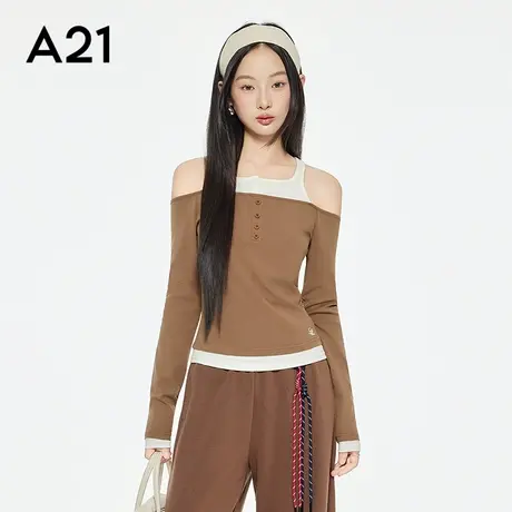 A21女装拼接露肩长袖T恤2025秋新款简约撞色假两件上衣F453231009商品大图