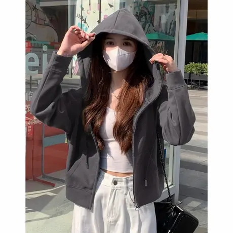 外套薄款女2025新款早秋季韩系慵懒上衣宽松休闲短款连帽开衫卫衣商品大图