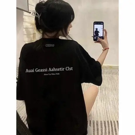 纯棉美式高街潮牌黑色短袖t恤女2025新款夏季宽松设计感圆领上衣商品大图