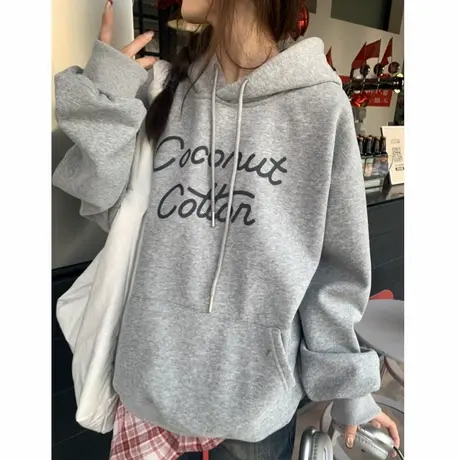 美式复古秋季宽松灰色连帽卫衣女懒人慵懒风套头长袖内搭印花帽衫商品大图