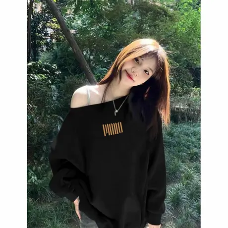 法式斜领露肩卫衣女早秋薄款2025新款设计感小众宽松辣妹上衣服潮商品大图