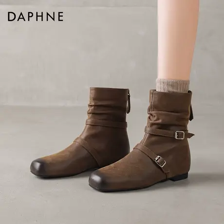 达芙妮短靴女2025秋冬新款单靴美拉德西部靴方头平底瘦瘦靴马丁靴商品大图