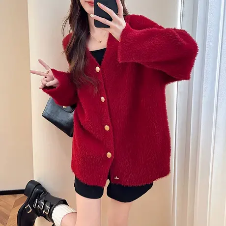 唐狮秋冬毛衣外套女慵懒风宽松V领开衫女针织春秋高级感时尚tu图片