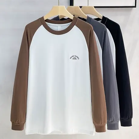 纯棉男士长袖T恤2023秋冬新款圆领拼色休闲潮流宽松圆领长袖T恤男商品大图