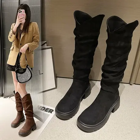 堆堆靴女骑士靴复古绒面粗跟圆头2023秋季新款时尚皱褶高筒长靴冬商品大图