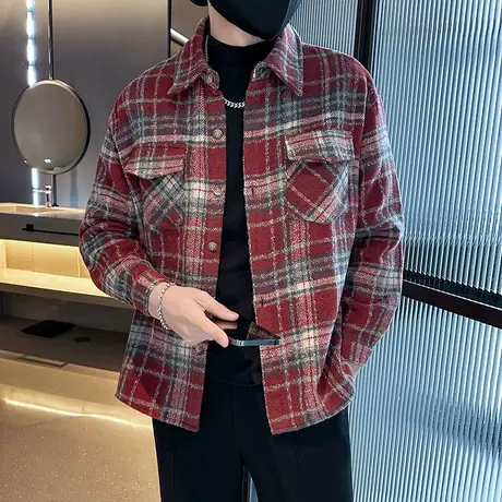 秋季新款男款衬衫小香风磨毛格子潮牌男士薄外套休闲内搭翻领上衣图片