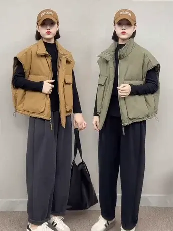 2023年新款纯色夹棉马夹女士宽松休闲简约百搭无袖上衣外套马夹商品大图