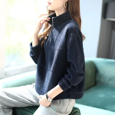 宝诗黎拉链慵懒针织卫衣女新款小立领长袖秋装2023短款宽松上衣潮商品大图