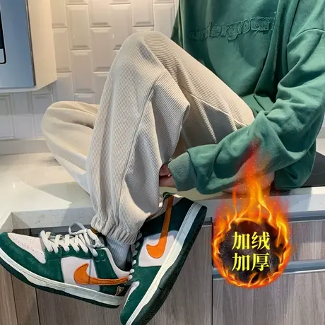 潮流加绒裤子男冬季加厚保暖大码宽松休闲卫裤潮牌重磅束脚裤男生商品大图