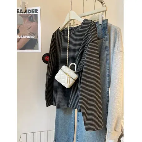 德绒磨毛保暖条纹打底衫女秋冬内搭长袖T恤宽松韩版加厚外穿上衣商品大图