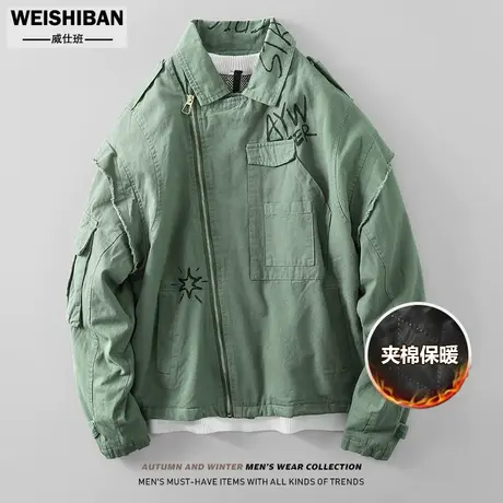 美式复古字母涂鸦工装棉服男潮牌设计感夹棉保暖外套宽松翻领棉衣图片