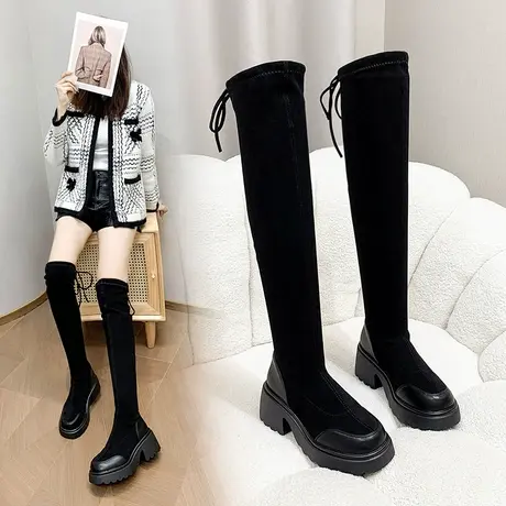 靴子女冬季加绒2023新款复古长靴女春秋厚底弹力瘦瘦靴高筒长筒靴商品大图