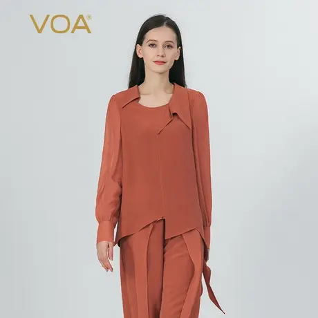VOA烟雾红棕40姆米重磅真丝拼接乔其丝绸泡泡长袖前短后长蚕丝T恤图片