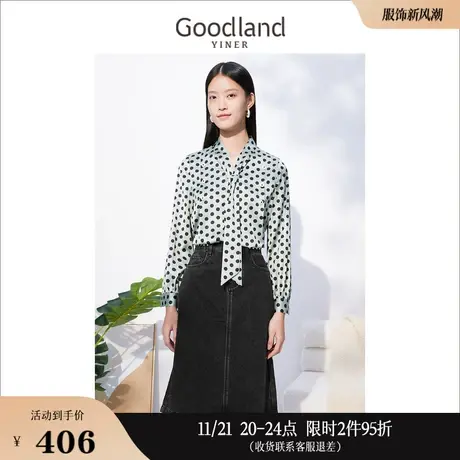 Goodland美地女装秋季宽松法式气质上衣长袖蝴蝶结波点衬衫商品大图