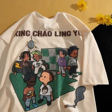 卡通印花短袖t恤男夏季欧美街头潮牌纯棉体恤宽松休闲五分袖上衣商品大图