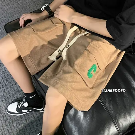 工装运动五分短裤男夏季华夫格休闲裤子国潮抽绳薄款外穿宽松中裤商品大图