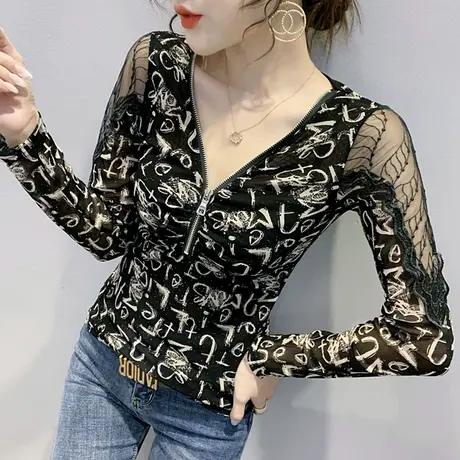 2023春秋新款性感V领拉链T恤女长袖蕾丝拼接上衣洋气百搭打底衫潮商品大图