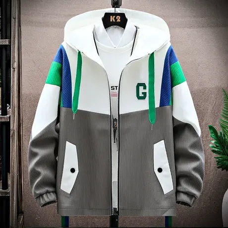 夹克男春秋装连帽卫衣青少年拼接秋衣外穿男装秋季个性外套潮衣服商品大图