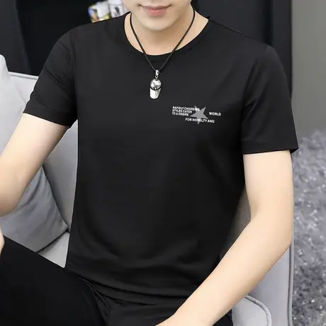 莫代尔黑色短袖t恤男简约百搭圆领夏装上衣服男装潮流ins冰丝半袖商品大图