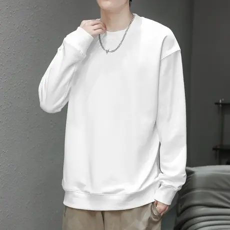 350g美式重磅卫衣男保暖加绒加厚摇粒绒纯色白色圆领无帽长袖t恤商品大图