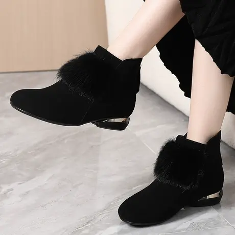 时尚磨砂2023显瘦真皮大码女靴41一43冬平底水貂毛加绒软面短靴商品大图