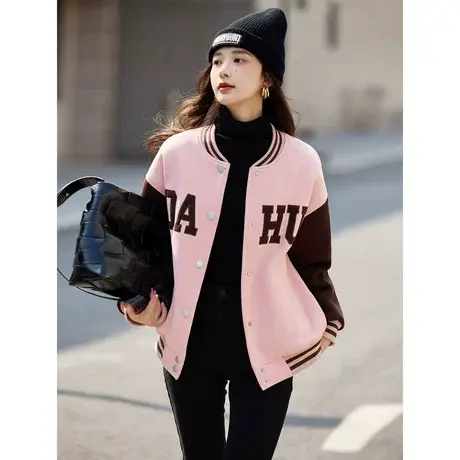 时尚气质棉服2023年冬季新款女百搭圆领减龄学院风拼接加棉外套图片