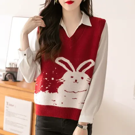 本命服新年穿搭2023兔年减龄红色针织马甲背心女士叠穿毛衣坎肩潮商品大图