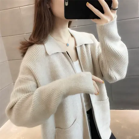 慵懒风宽松针织开衫女2023年新款早春方领拉链纯色短款针织衫外套商品大图