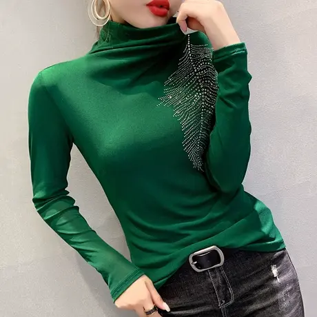 加绒打底衫女春秋时尚烫钻长袖T恤高领洋气网纱小衫紧身内搭上衣商品大图