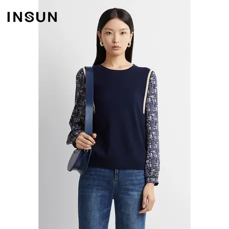 INSUN恩裳奥莱秋季拼接印花袖套头毛针织衫商品大图