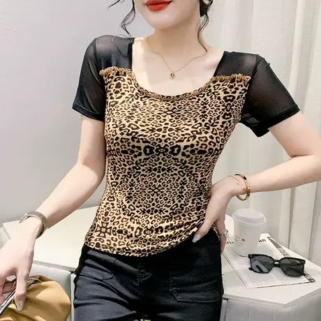 欧货性感豹纹T恤女短袖夏季时尚钉珠网纱小衫洋气修身上衣体恤潮图片
