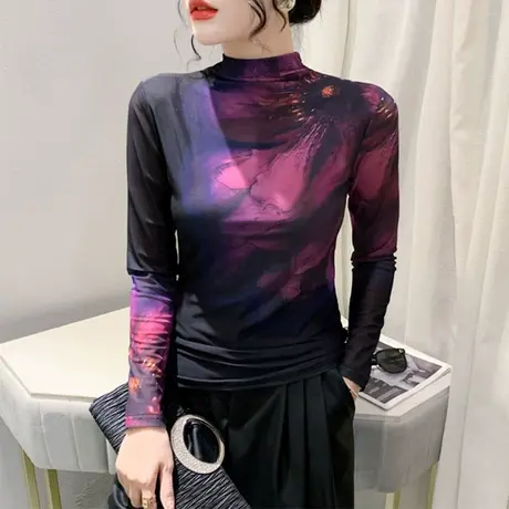 秋冬加绒加厚网纱上衣时尚扎染印花T恤女长袖欧货时尚修身打底衫商品大图