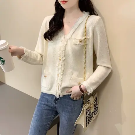 流苏毛衣针织开衫女装2023新款宽松短款时尚洋气小香风外套女上衣商品大图