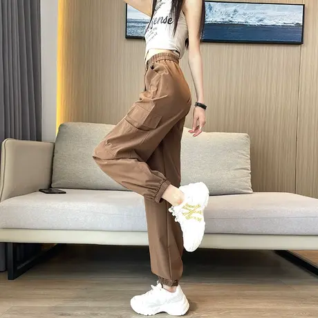 冰丝九分工装裤女夏季薄款高腰束脚直筒宽松垂感百搭休闲运动裤子图片