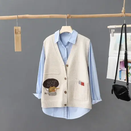 2024年春装新款宽松V领单排扣无袖针织开衫马甲女背心休闲毛坎肩X图片