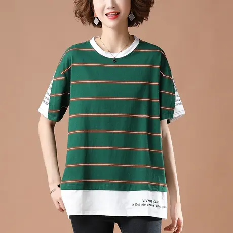 短袖t恤女夏季加肥加大码女装宽松中长款纯棉条纹遮肚子显瘦体恤商品大图